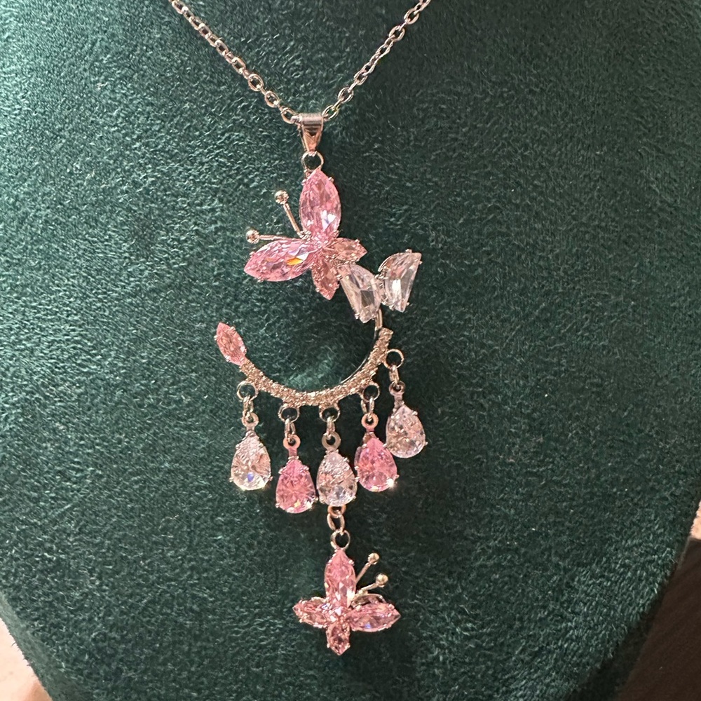 Elegant Pink and Silver Butterfly Necklace